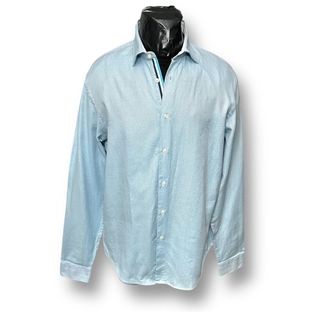 Zara Man XL Light Blue Cotton Button Up Shirt Slim Fit Long Sleeve Office Career